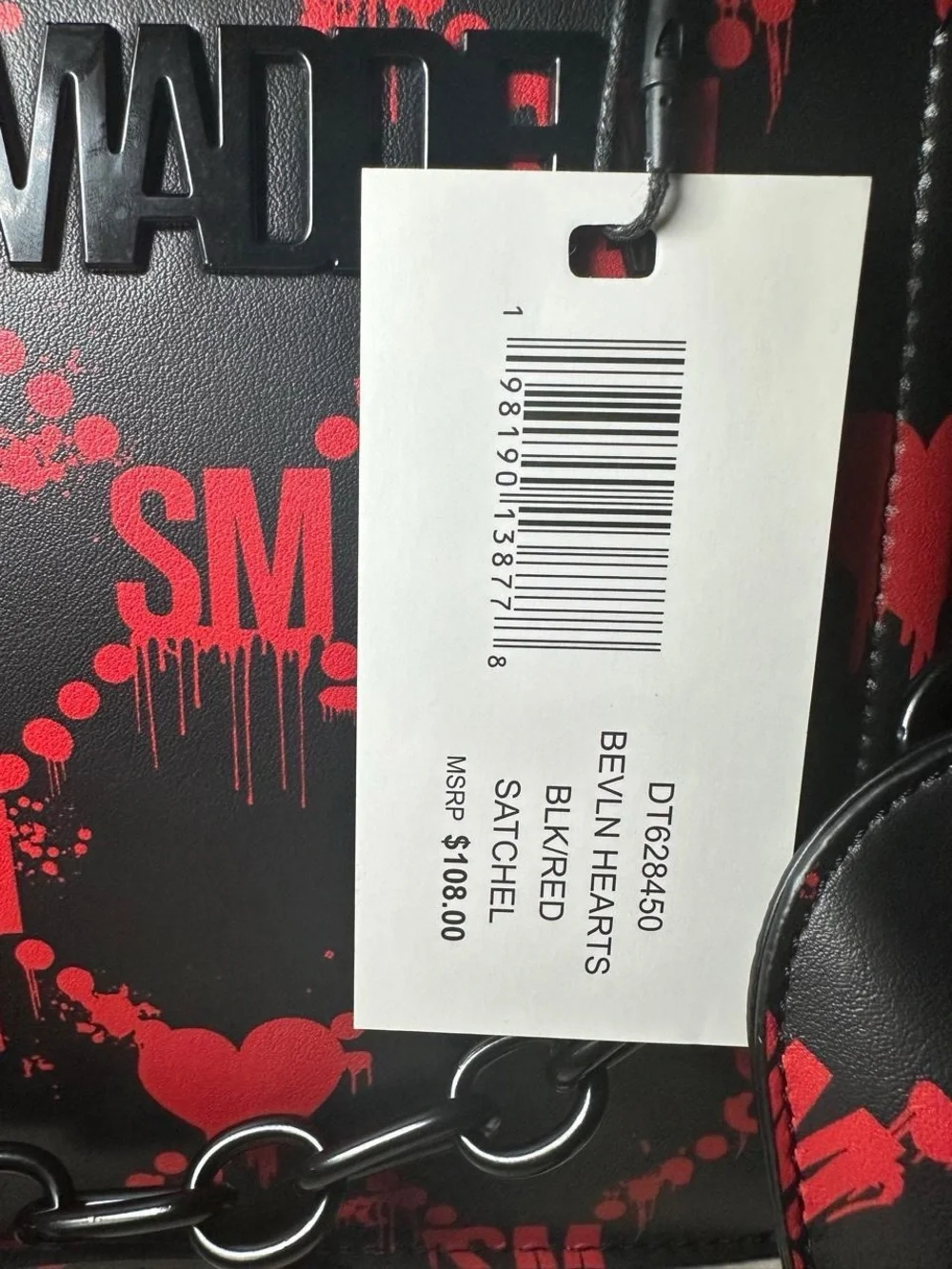 Steve Madden Black & Red Bleeding Hearts Bevlyn Satchel, Halloween Edition